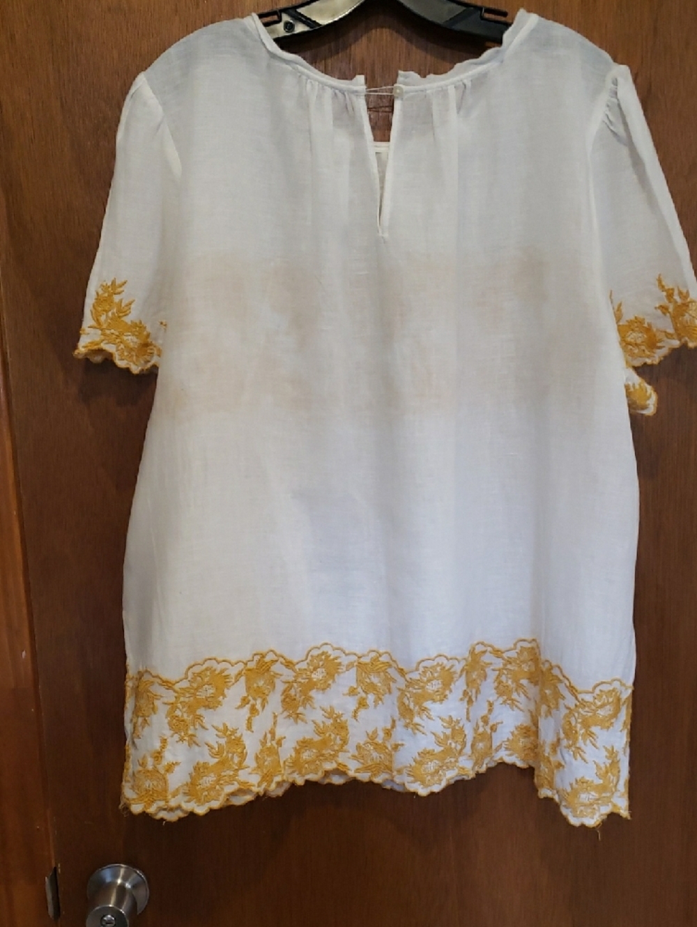 LOFT Linen/Cotton Textured White Top with Mustard Floral Embroidery - Picture 6 of 8